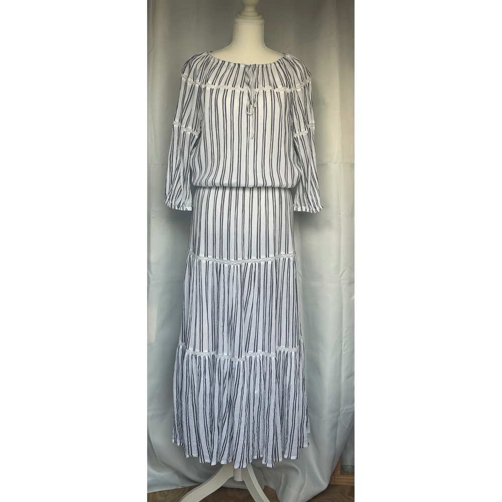 Lauren Ralph Lauren Striped Maxi Dress Navy White Tiered Peasant Boho Size 16
